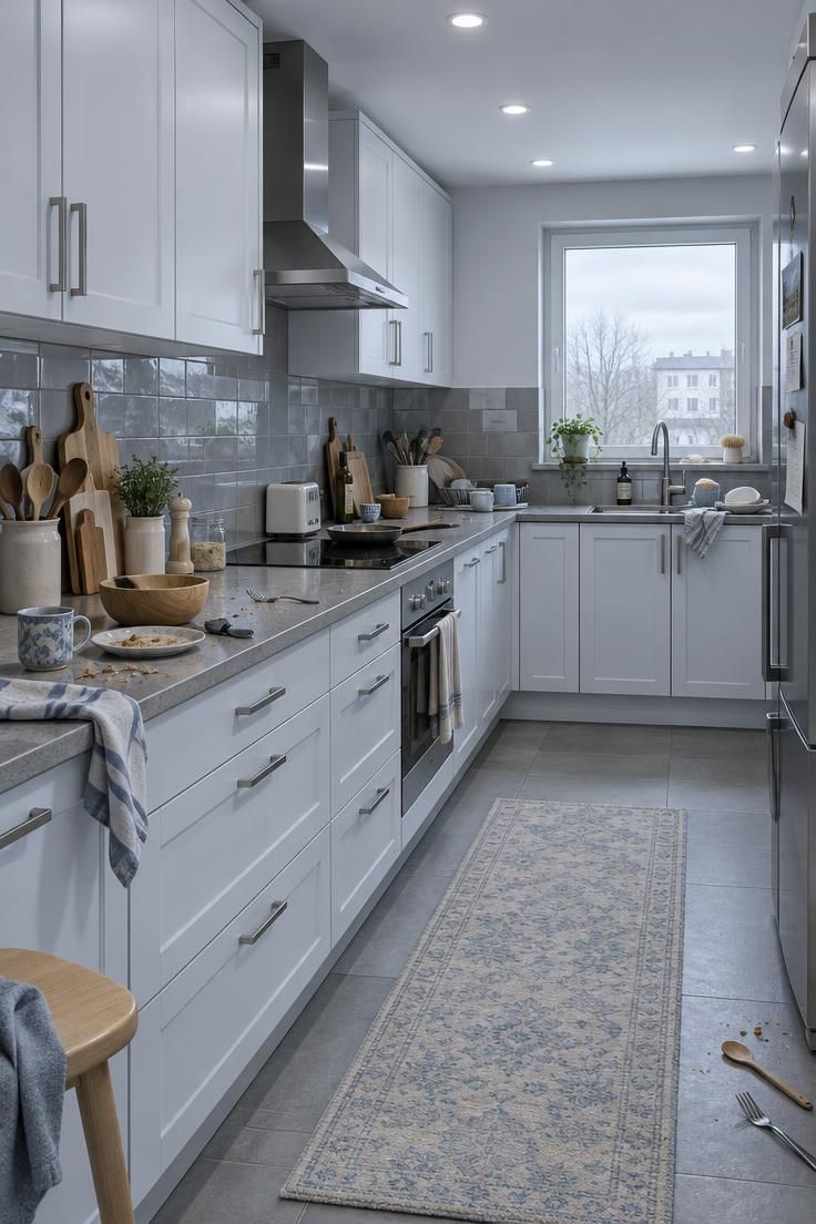 How to Warm Up a White Kitchen with Materials and Color 10 Cold-looking white kitchen with glossy gray backsplash, blue-white cabinets, cool overhead lights, mismatched wood accessories, and a pale rug.