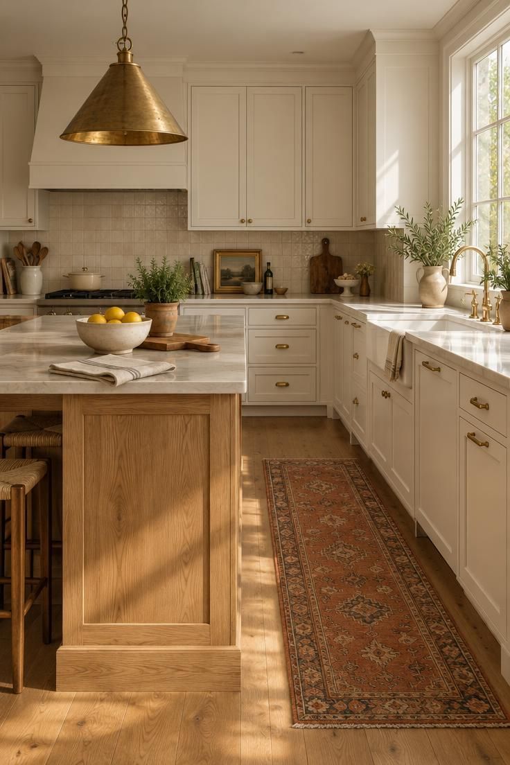 Simple Spaces 24 Layered white kitchen with warm white cabinets, cream tile backsplash, white oak island, aged brass pendant, and terracotta runner in soft afternoon light.