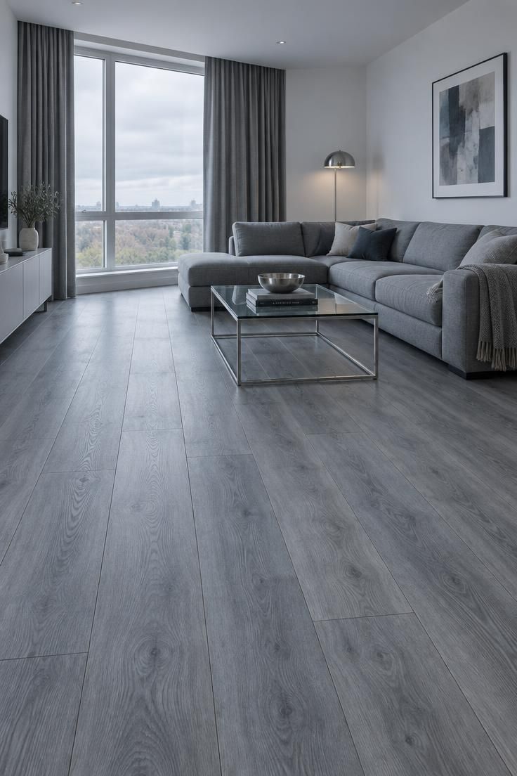 How to Warm Up Grey Floors with Color and Texture 1 Cool grey wood-look plank flooring in a living room with white walls, a grey sectional, chrome coffee table, and overcast daylight.