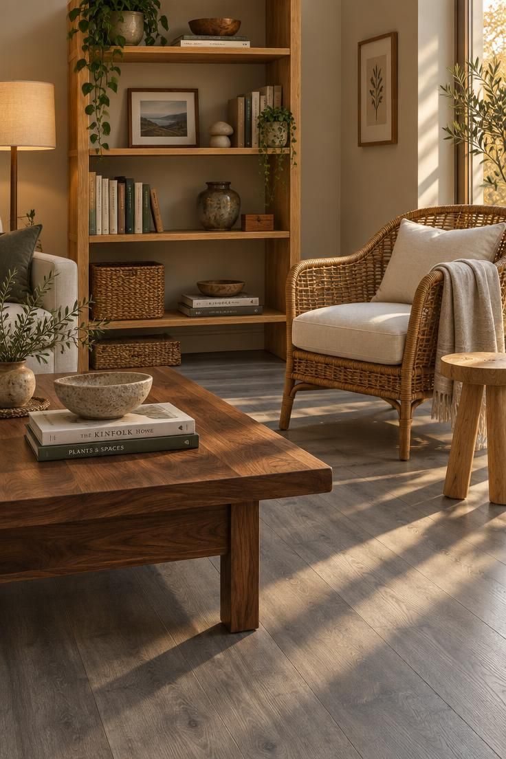How to Warm Up Grey Floors with Color and Texture 2 Living room with grey plank flooring, a walnut coffee table, oak shelving, and a rattan chair in warm afternoon light.