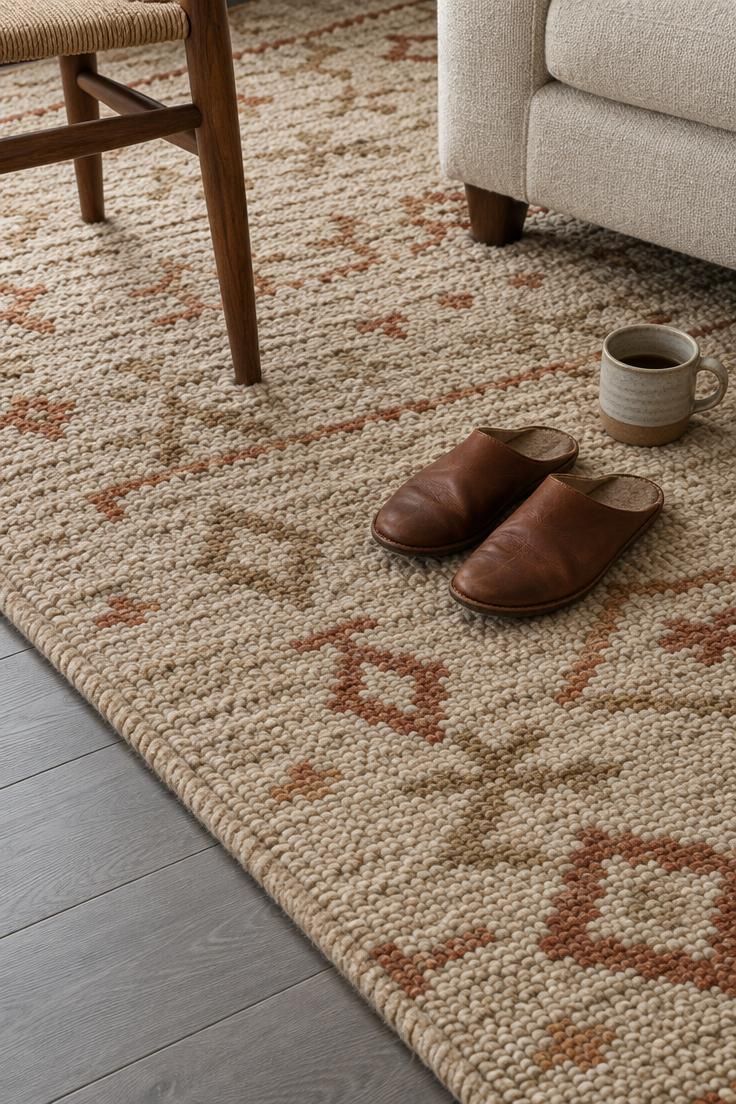 How to Warm Up Grey Floors with Color and Texture 3 Close-up of an oatmeal wool rug with rust and tan pattern on grey plank flooring beside a wooden chair leg.
