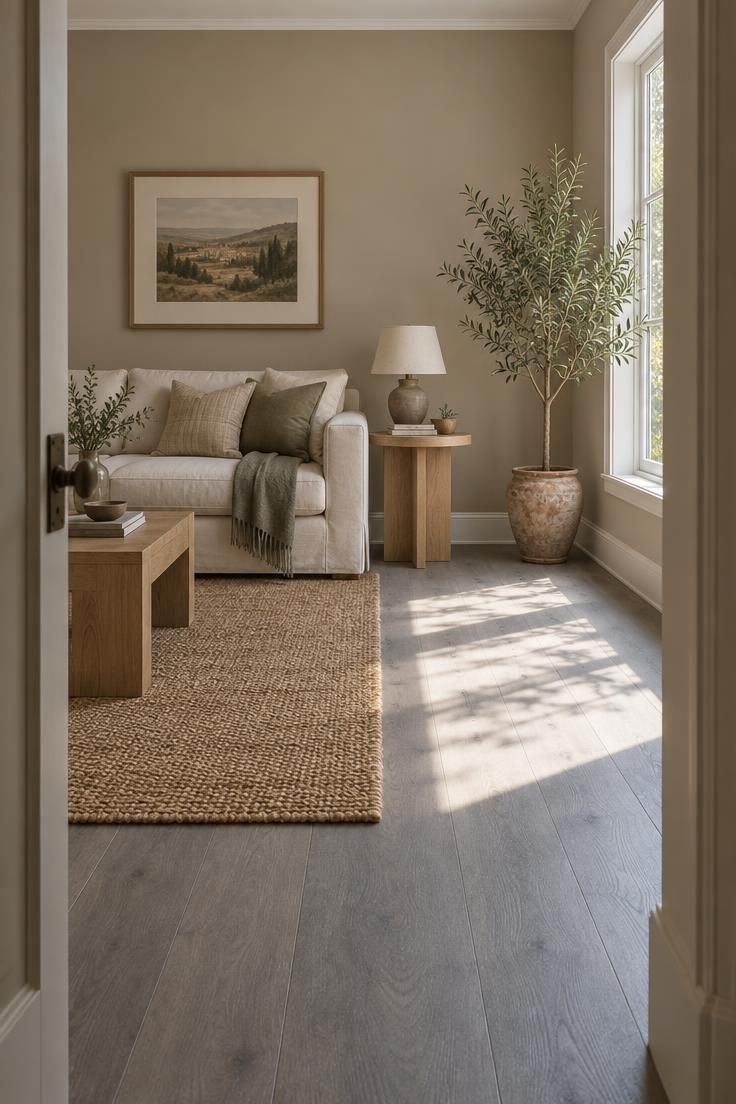 How to Warm Up Grey Floors with Color and Texture 4 Living room seen from a doorway with warm greige walls, grey plank flooring, a cream sofa, and bright midday light.