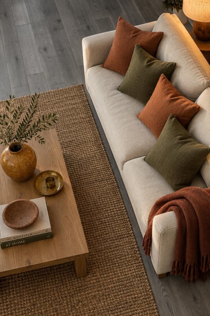 How to Warm Up Grey Floors with Color and Texture 5 Overhead view of a cream sofa with terracotta and olive cushions, a rust throw, and an ochre vase on grey flooring.
