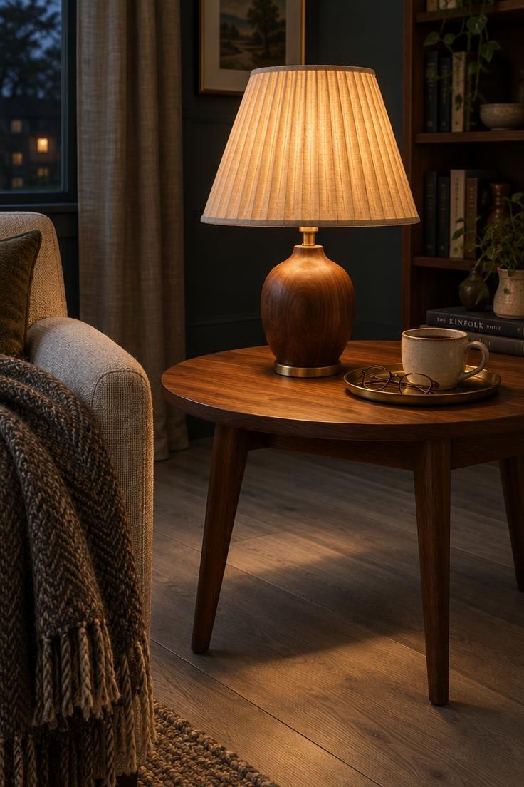 How to Warm Up Grey Floors with Color and Texture 6 Warm linen-shaded table lamp on a walnut side table casting light onto grey plank flooring in the evening.