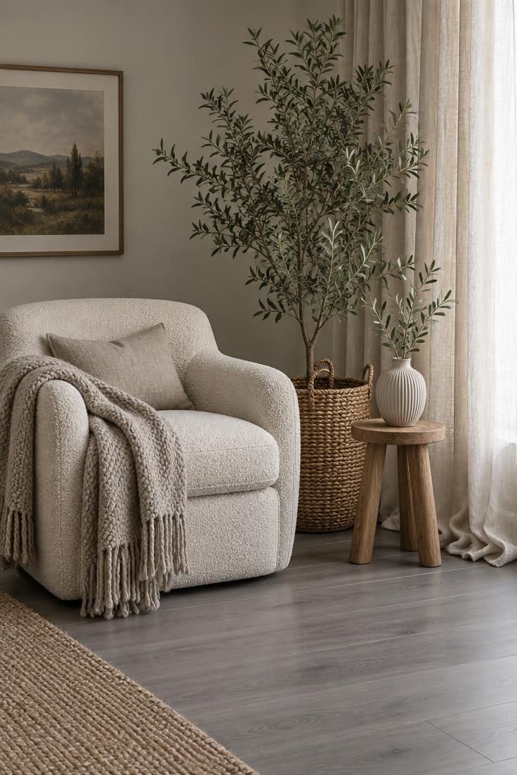 How to Warm Up Grey Floors with Color and Texture 7 Living room corner with a cream bouclé armchair, oatmeal linen curtains, a wool throw, and an olive plant on grey flooring.