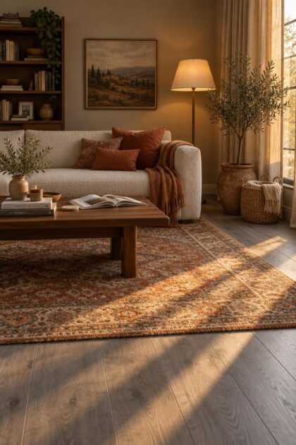 How to Warm Up Grey Floors with Color and Texture Living room with grey plank flooring warmed by a rust and ivory rug, walnut table, cream sofa, and brass lamp in golden light.