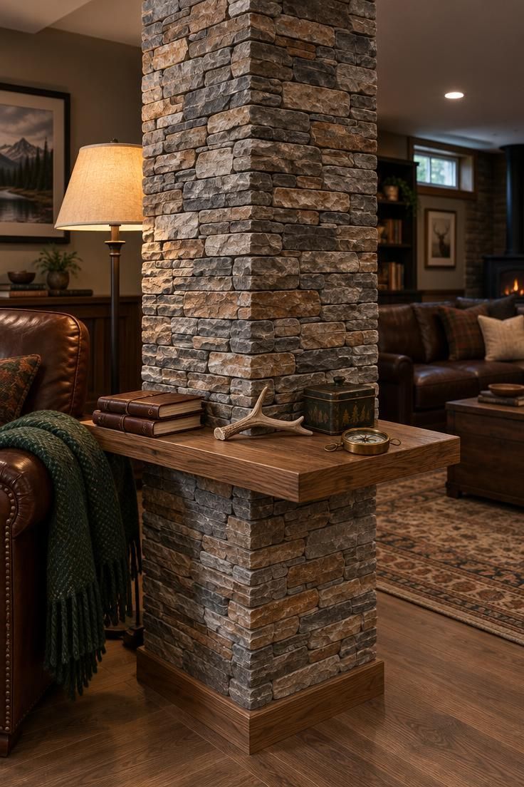11 Cozy Hunting Man Cave Ideas for a Warm Personal Retreat 1 A residential basement support post wrapped in mixed gray and taupe fieldstone veneer with a wide oak shelf holding field journals, a small antler shed, and a brass compass.