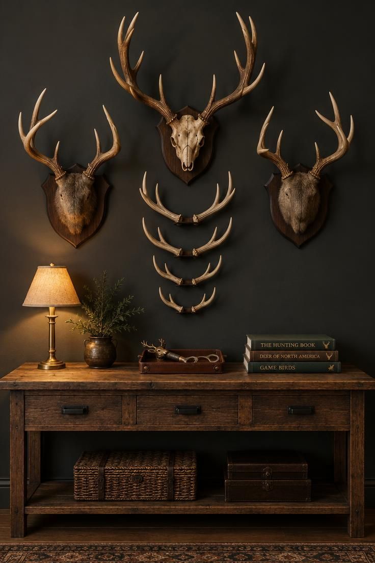 11 Cozy Hunting Man Cave Ideas for a Warm Personal Retreat 2 A dark painted den wall with a symmetrical antler mount gallery above a reclaimed wood console holding a brass lamp, leather tray, and stacked hunting books.