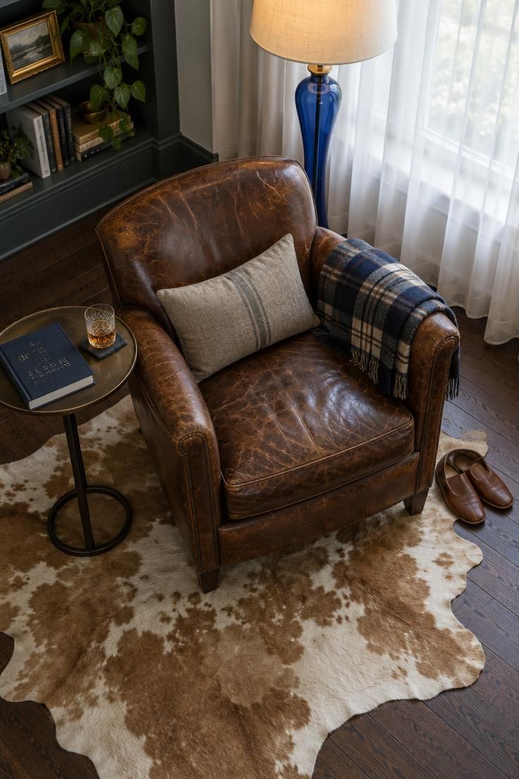 11 Cozy Hunting Man Cave Ideas for a Warm Personal Retreat 3 An overhead view of a window nook with a worn brown leather club chair, natural cowhide rug, side table with whiskey glass, blue glass floor lamp, and plaid wool throw.