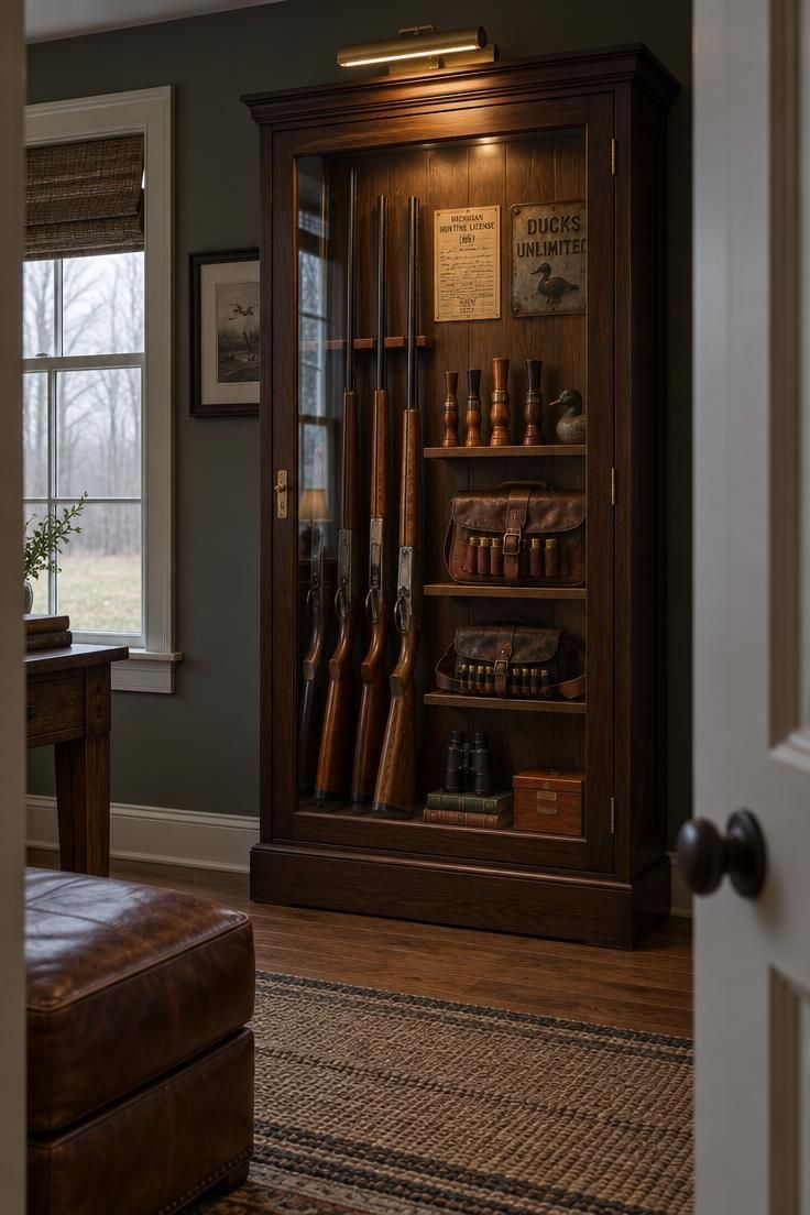 11 Cozy Hunting Man Cave Ideas for a Warm Personal Retreat 4 A tall dark wood glass-front gun cabinet with brass hardware holding long guns, wooden calls, and leather pouches, with a vintage license on the interior back panel.