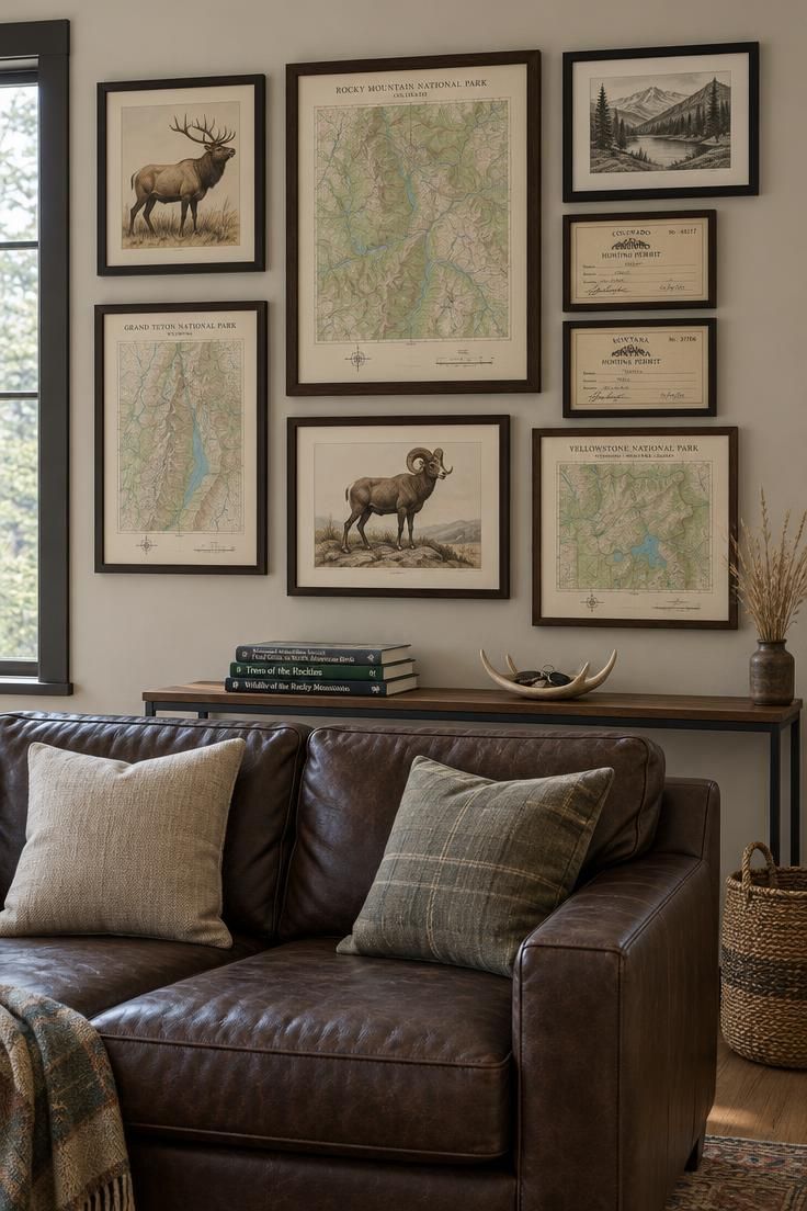 11 Cozy Hunting Man Cave Ideas for a Warm Personal Retreat 5 A den wall grouped with framed topographical maps and wildlife prints above a dark leather sofa, with a narrow console holding field guides and an antler bowl.