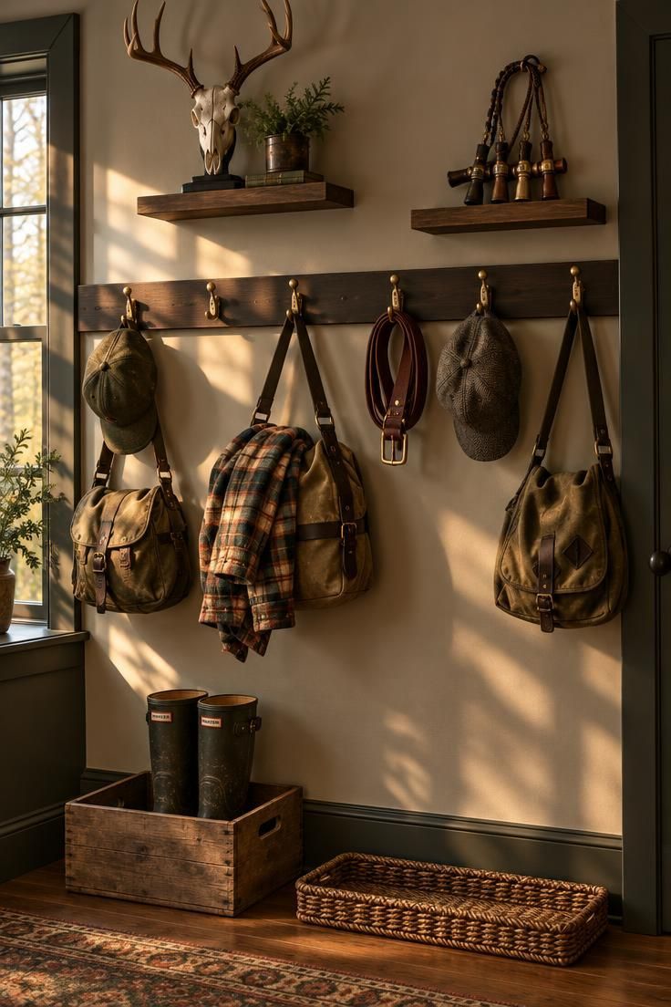 11 Cozy Hunting Man Cave Ideas for a Warm Personal Retreat 6 A wood rail with brass hooks holding canvas field bags, wool caps, and a coiled belt, with floating shelves above displaying a deer skull and call lanyard and a crate of tall boots below.