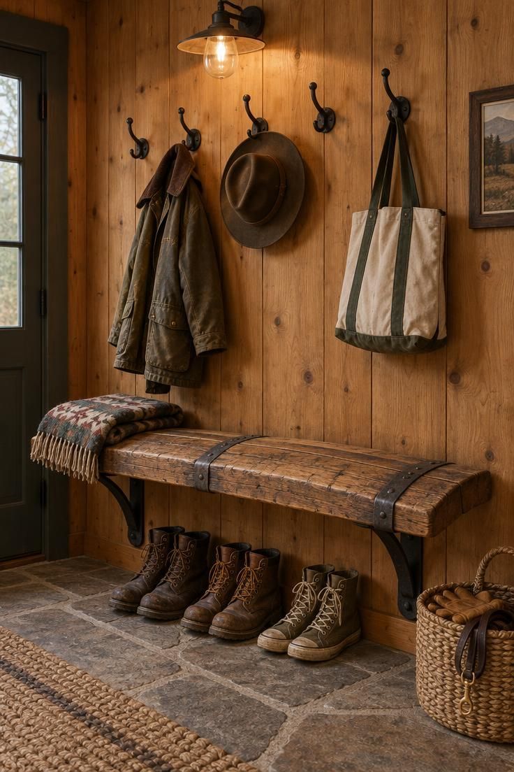 11 Cozy Hunting Man Cave Ideas for a Warm Personal Retreat 7 A barrel-stave bench with a wool throw and boots below a pine wall with iron hooks holding a canvas jacket, felt hat, and tote.