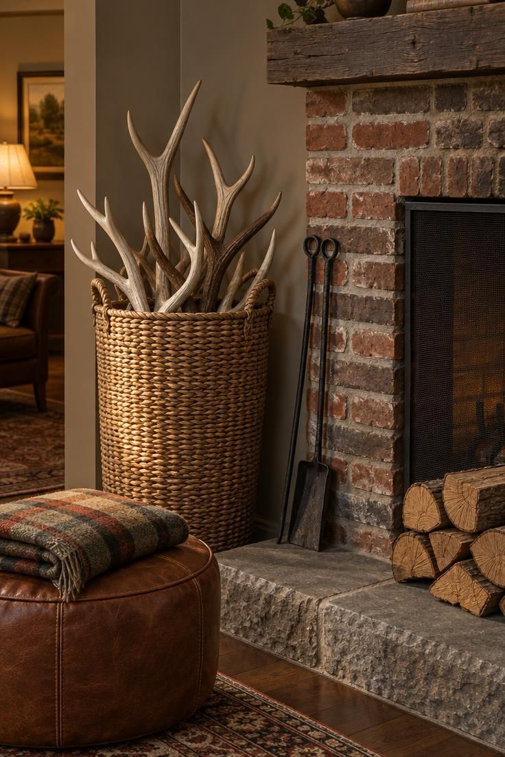 11 Cozy Hunting Man Cave Ideas for a Warm Personal Retreat 8 A brick fireplace corner with a woven basket of shed antlers, iron fire tools leaning against the wall, and a leather pouf in front on a stone hearth.