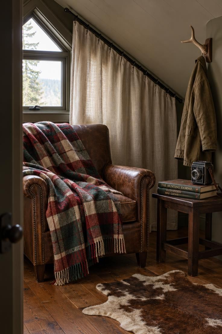 11 Cozy Hunting Man Cave Ideas for a Warm Personal Retreat 9 A lofted corner with a plaid wool blanket over a leather chair, canvas curtains along a sloped wall, and a side table with hunting journals and a vintage field camera.