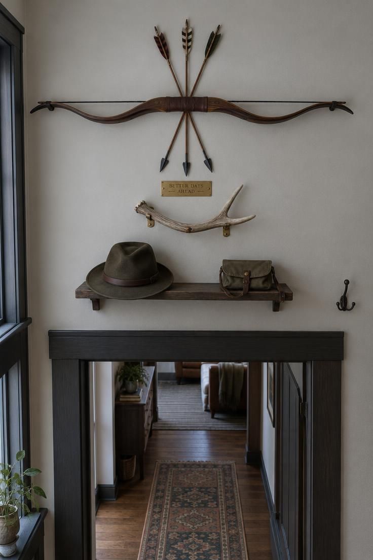 11 Cozy Hunting Man Cave Ideas for a Warm Personal Retreat 10 A narrow wall above a doorway with a dark wood bow mounted horizontally, three arrows crossed behind it, and a small shed antler and brass plaque below.