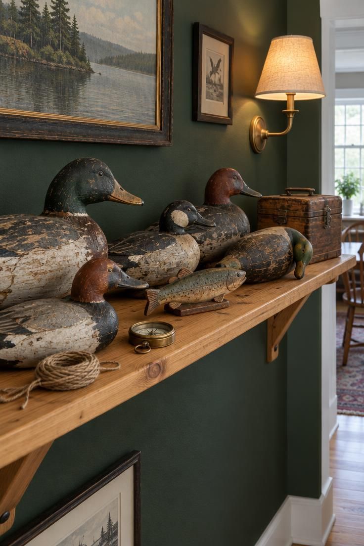 11 Cozy Hunting Man Cave Ideas for a Warm Personal Retreat 11 A pine shelf on a deep green wall holding a row of vintage duck decoys, a small fish carving, a wooden tackle box, brass compass, and coil of twine.