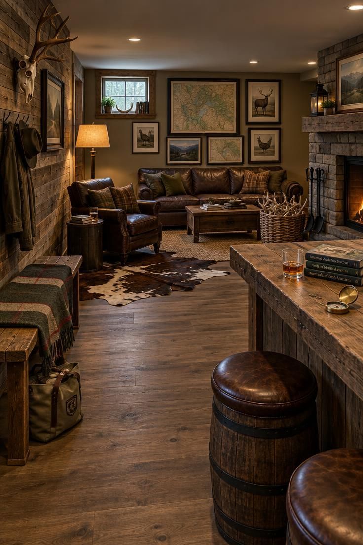 Simple Spaces 26 A cozy residential hunting man cave with a reclaimed barnwood wall, leather club chair on a cowhide rug, small reclaimed wood bar with barrel stools, framed map wall, and a basket of shed antlers beside a brick fireplace.