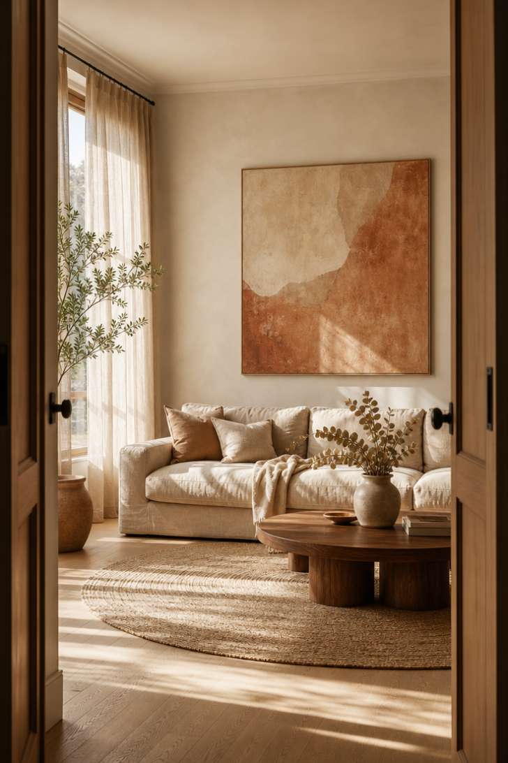 Sunlit living room with oversized abstract canvas above a linen sofa