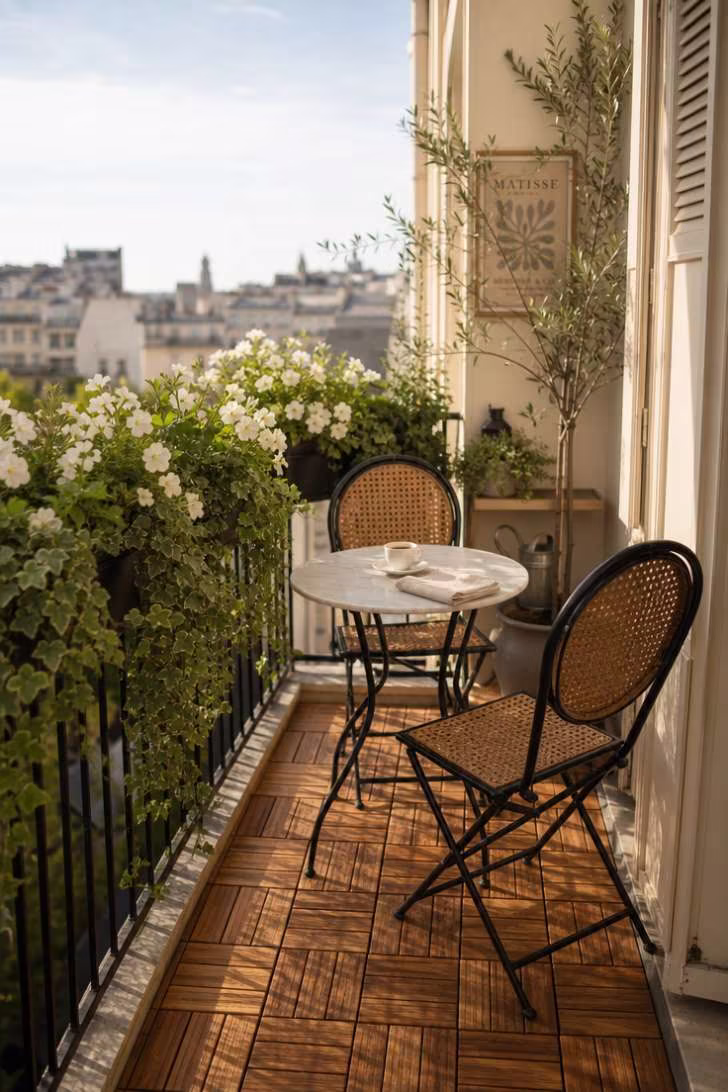11 Beautiful Narrow Balcony Ideas to Transform Yours 1 A petite marble-topped bistro set at the end of a narrow balcony, framed by trailing ivy and morning light.