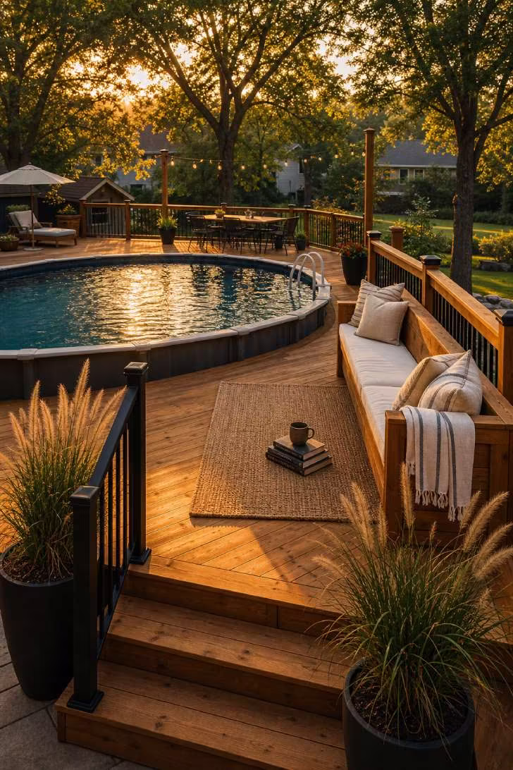 15 Nice Above Ground Pool Ideas You Can Steal This Year 1 Wraparound cedar deck surrounding an above ground pool at golden hour with built-in bench seating and ornamental grasses
