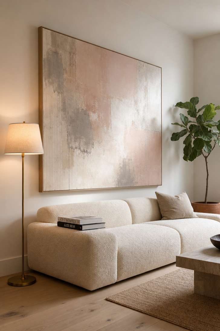 Large abstract painting in blush and grey tones above a cream bouclé sofa
