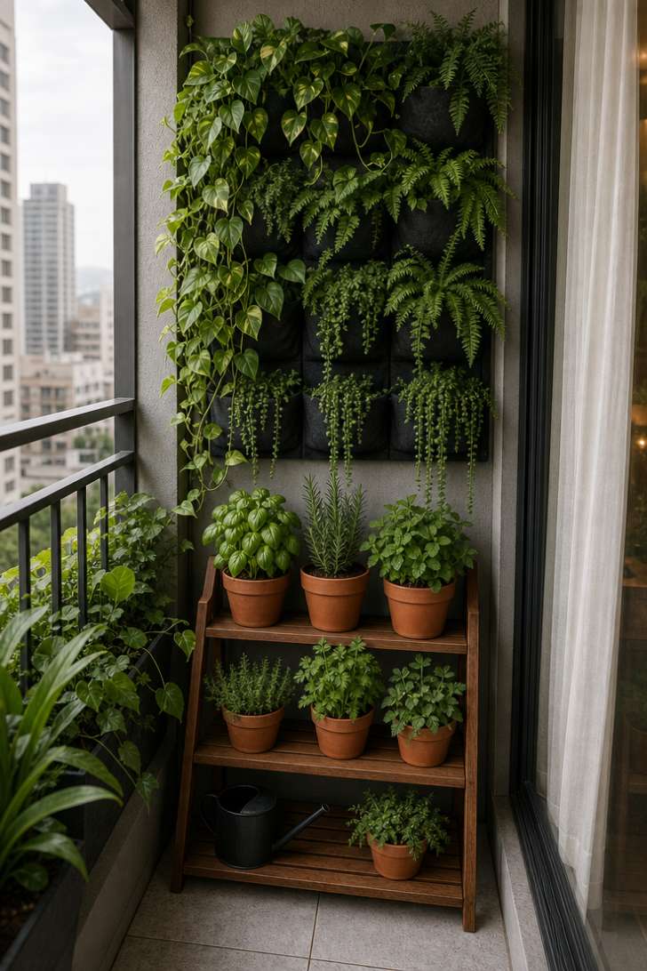 11 Beautiful Narrow Balcony Ideas to Transform Yours 2 A charcoal felt pocket planter system covering a narrow balcony wall, overflowing with ferns, pothos, and trailing greenery.
