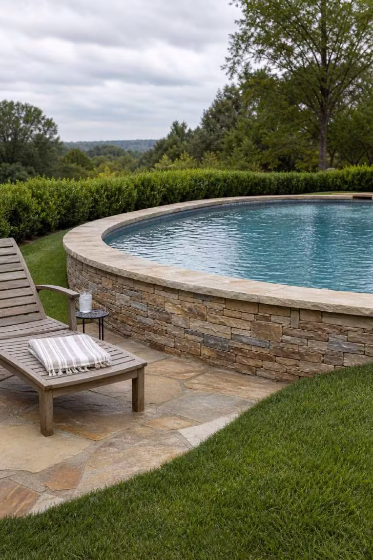 15 Nice Above Ground Pool Ideas You Can Steal This Year 2 Semi-inground pool with dry-stacked stone veneer surround and flagstone coping set into a gentle hillside