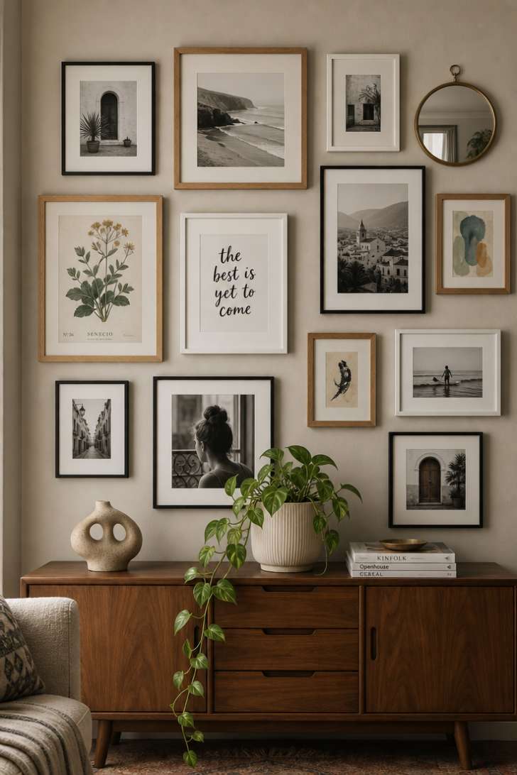 Eclectic gallery wall with mixed frames above a walnut credenza