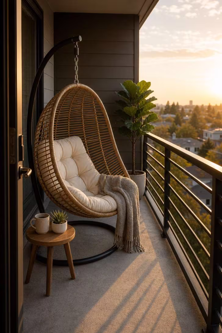 11 Beautiful Narrow Balcony Ideas to Transform Yours 3 A rattan hanging egg chair on a black steel stand occupying a narrow balcony, bathed in late afternoon golden light.