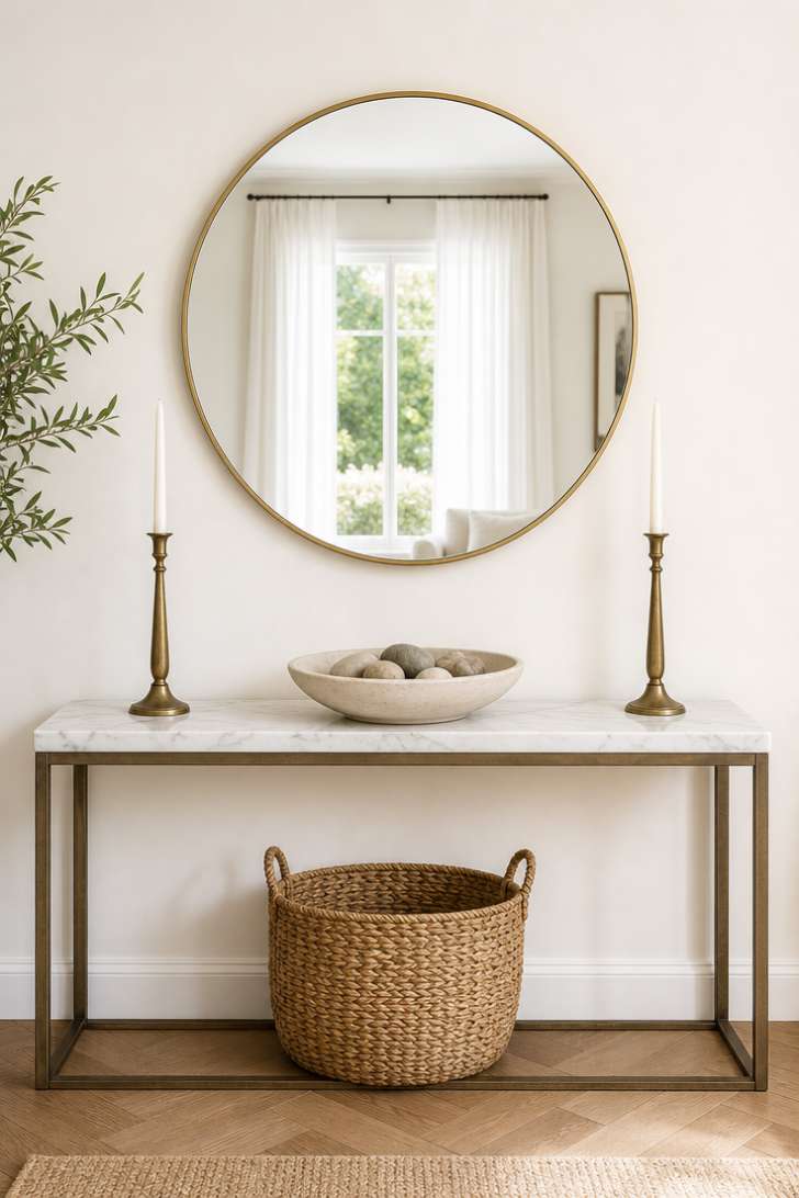 Large round brass mirror above a marble console table reflecting window light