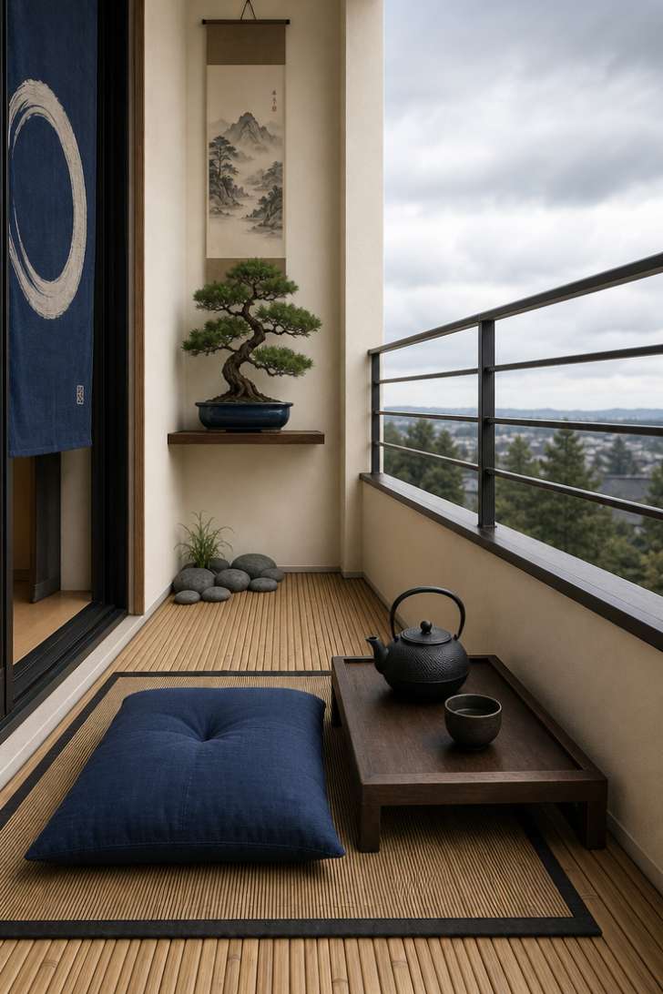 11 Beautiful Narrow Balcony Ideas to Transform Yours 4 A Japanese-inspired minimalist narrow balcony with an indigo floor cushion, bamboo mat, and a bonsai on a wall shelf.