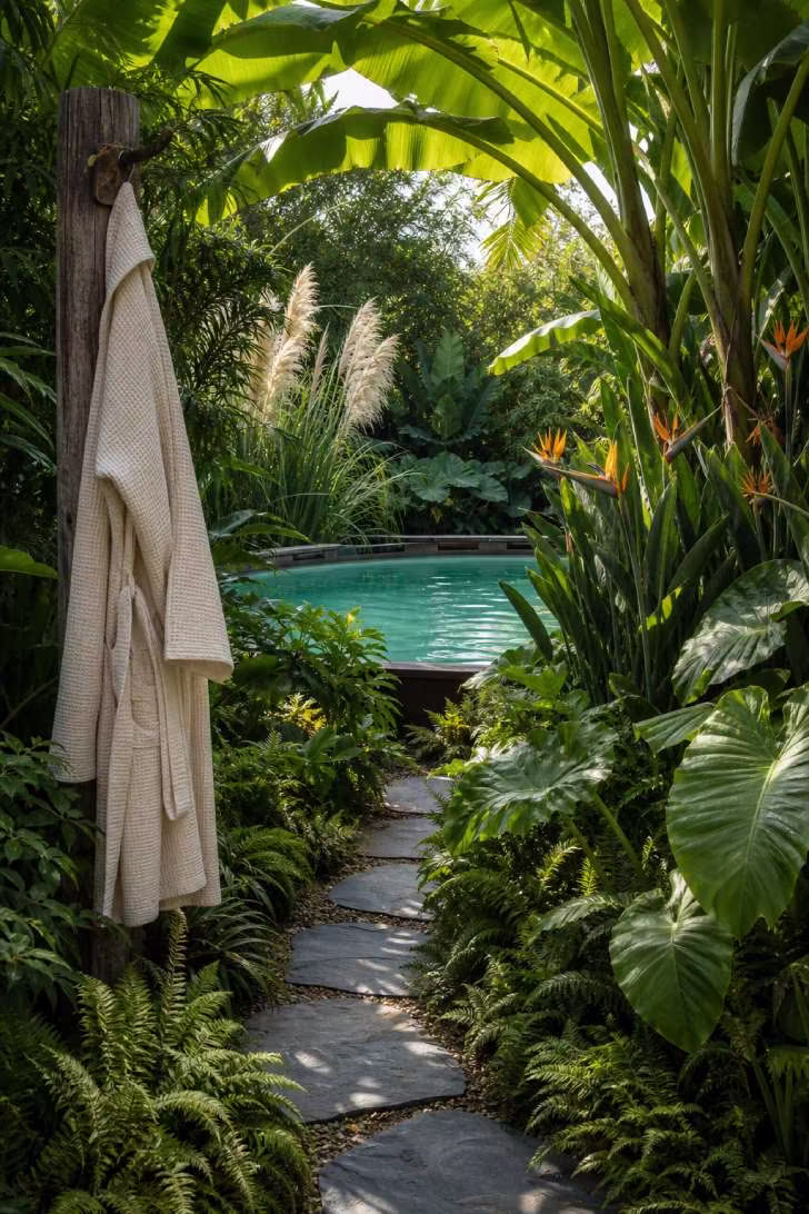 15 Nice Above Ground Pool Ideas You Can Steal This Year 4 Above ground pool hidden behind lush tropical plantings including banana plants, bird of paradise and ornamental grasses