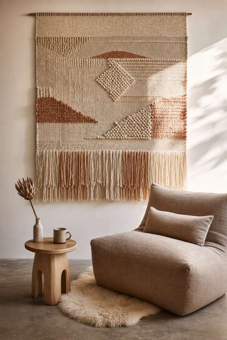 Hand-woven textile wall hanging in cream and terracotta above a linen armchair