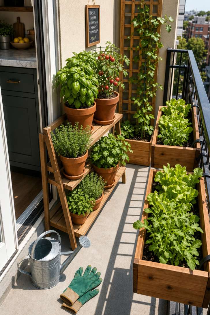 11 Beautiful Narrow Balcony Ideas to Transform Yours 5 A narrow balcony lined with tiered herb planters and railing-mounted cedar boxes of lettuce and cherry tomatoes in bright midday light.