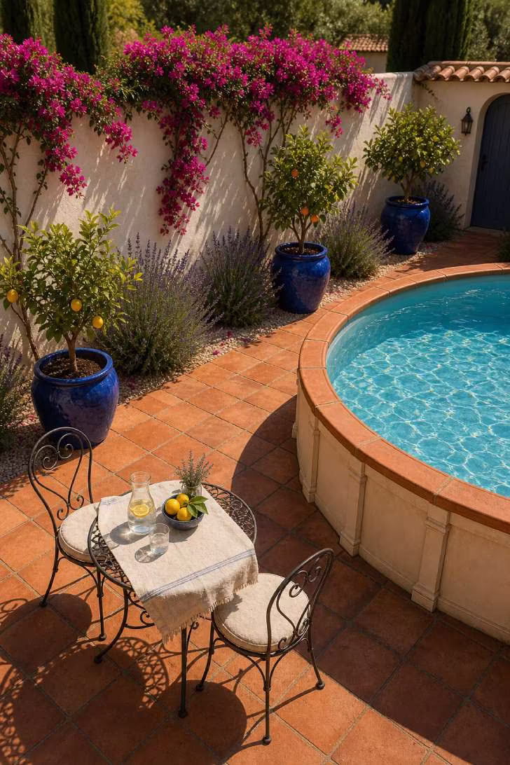 15 Nice Above Ground Pool Ideas You Can Steal This Year 5 Above ground pool on terracotta paver terrace with potted citrus trees, lavender borders and wrought iron bistro furniture