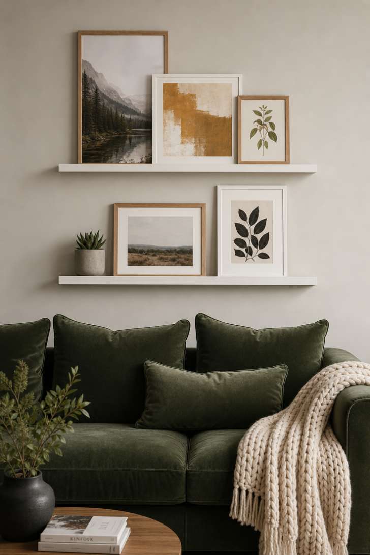 Floating picture ledges with overlapping framed prints above a green velvet sofa