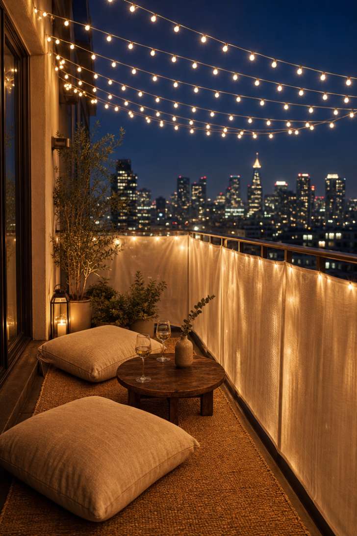 11 Beautiful Narrow Balcony Ideas to Transform Yours 6 A narrow balcony at twilight under a canopy of warm string lights, with low floor cushions and a sheer ivory privacy screen on the railing.