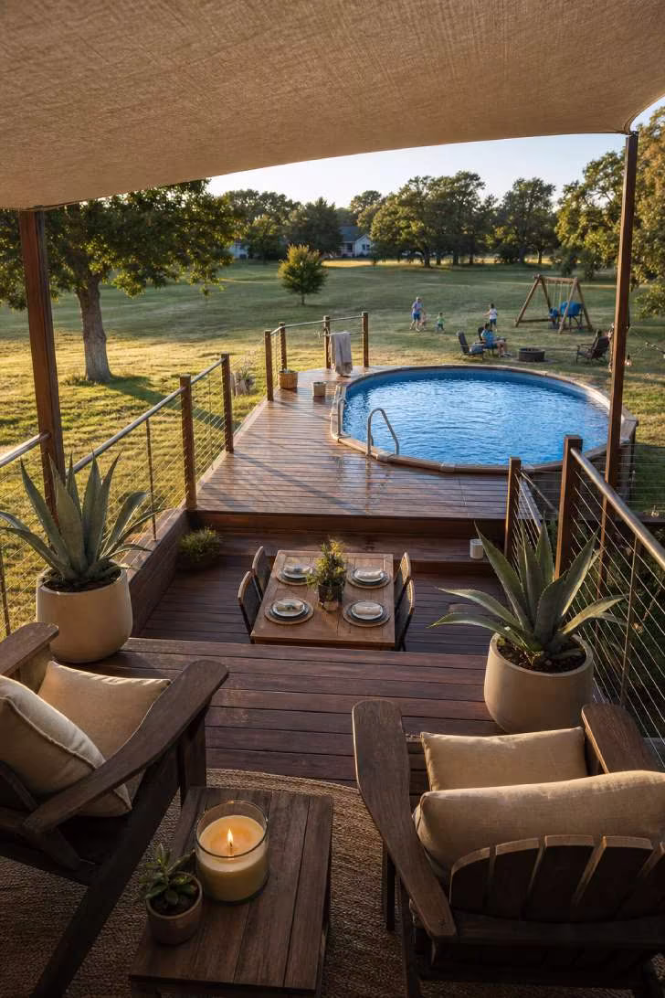 15 Nice Above Ground Pool Ideas You Can Steal This Year 6 Three-tiered ipe hardwood deck with lounge level, pool access level and dining level around an above ground pool