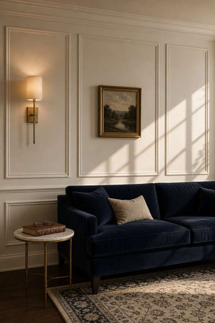 Classical panel molding on white wall with navy velvet sofa and brass sconce