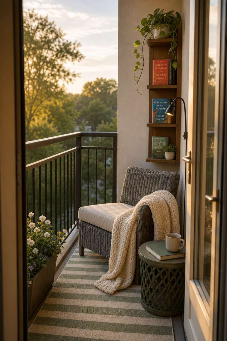 11 Beautiful Narrow Balcony Ideas to Transform Yours 7 A reading nook at the end of a narrow balcony with a slim wicker lounge chair, wall-mounted bookshelf, and cream knit throw in warm afternoon light.