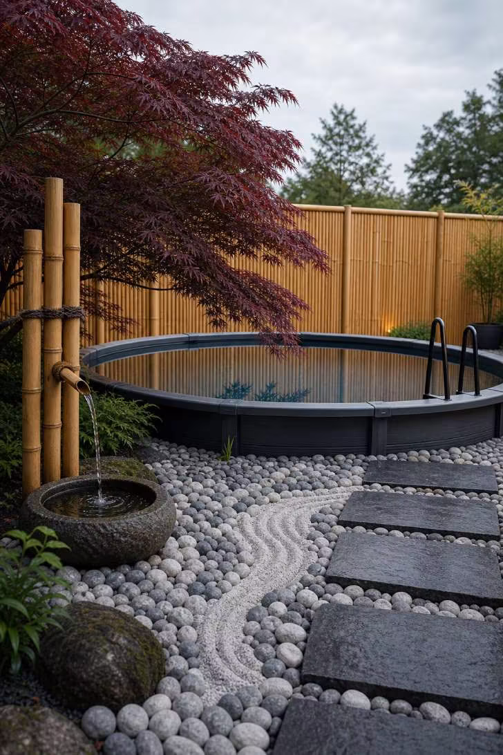 15 Nice Above Ground Pool Ideas You Can Steal This Year 7 Above ground pool surrounded by raked river rock zen garden with Japanese maple, bamboo screen and stone water feature