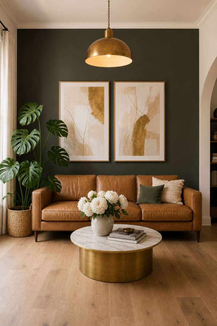 Dark charcoal-green accent wall with two framed abstract prints and leather sofa