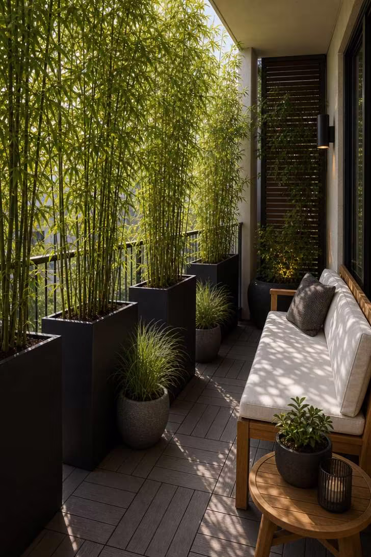 11 Beautiful Narrow Balcony Ideas to Transform Yours 8 Tall clumping bamboo in matte black rectangular planters creating a living privacy screen along a narrow balcony railing, with a slim teak bench on the opposite wall.