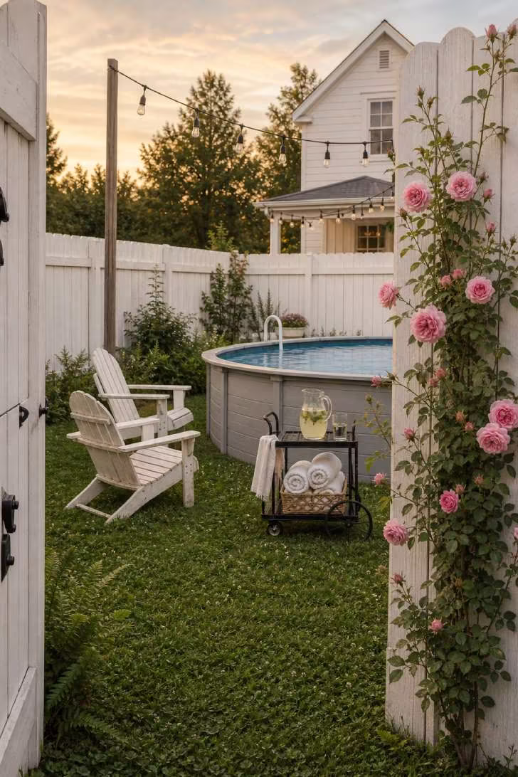 15 Nice Above Ground Pool Ideas You Can Steal This Year 8 Above ground pool in farmhouse-style backyard with white privacy fence, climbing roses, vintage cart and Adirondack chairs