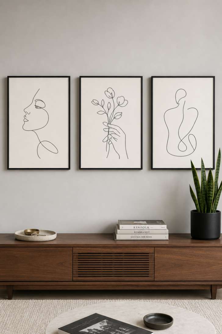 Three minimalist line art prints in black frames above a walnut media console