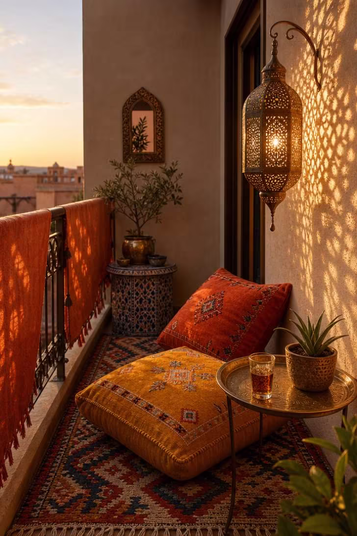 11 Beautiful Narrow Balcony Ideas to Transform Yours 9 A Moroccan-inspired narrow balcony with saffron floor cushions, a brass lantern casting shadow patterns, and a colorful kilim rug in golden hour light.