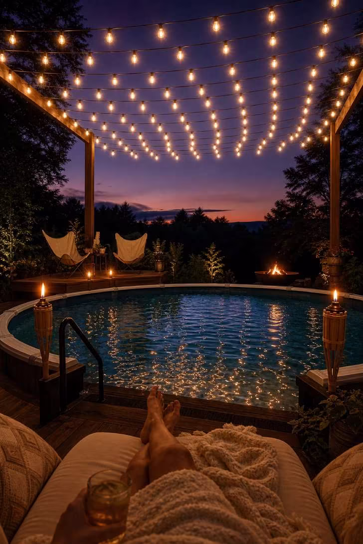 15 Nice Above Ground Pool Ideas You Can Steal This Year 9 Above ground pool at twilight with overhead string light canopy, butterfly chairs and copper fire pit