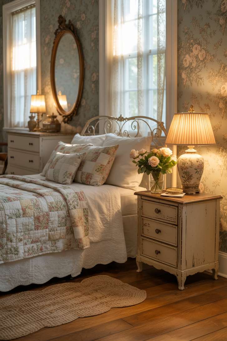 10 Vintage Guest Bedroom Ideas with Soft Antique Touches 1 A cozy vintage guest bedroom featuring an ornate wrought iron bed, layered ivory linens, mismatched wooden nightstands, and soft morning light filtering through lace curtains