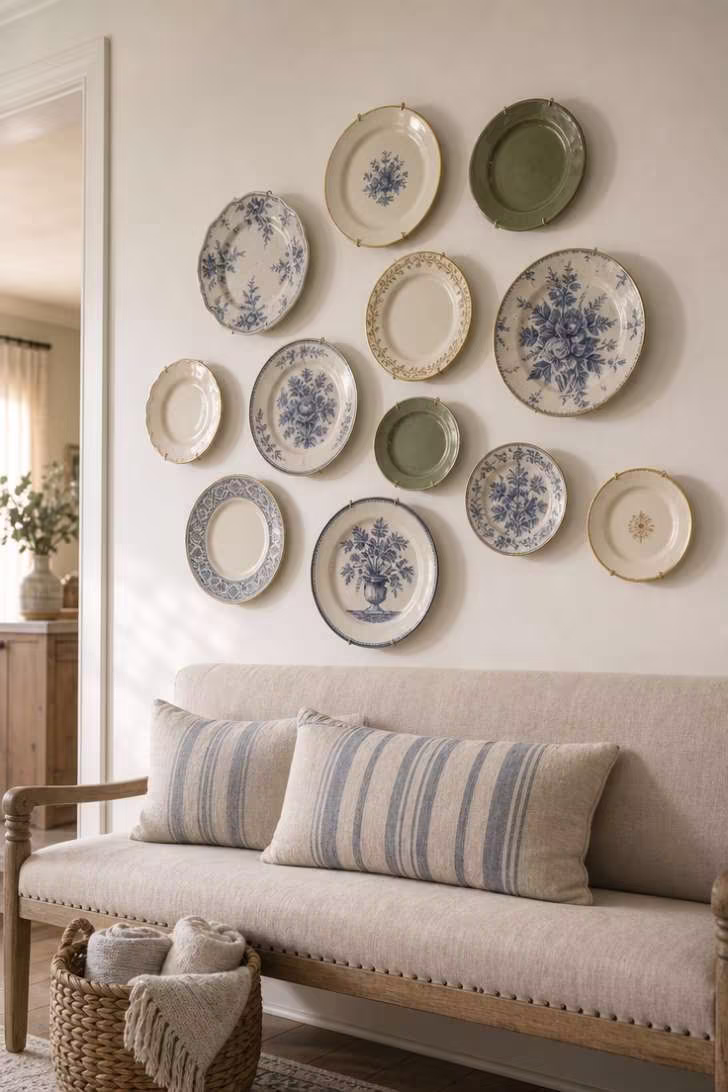 Vintage ceramic plate collection arranged on wall above a linen bench